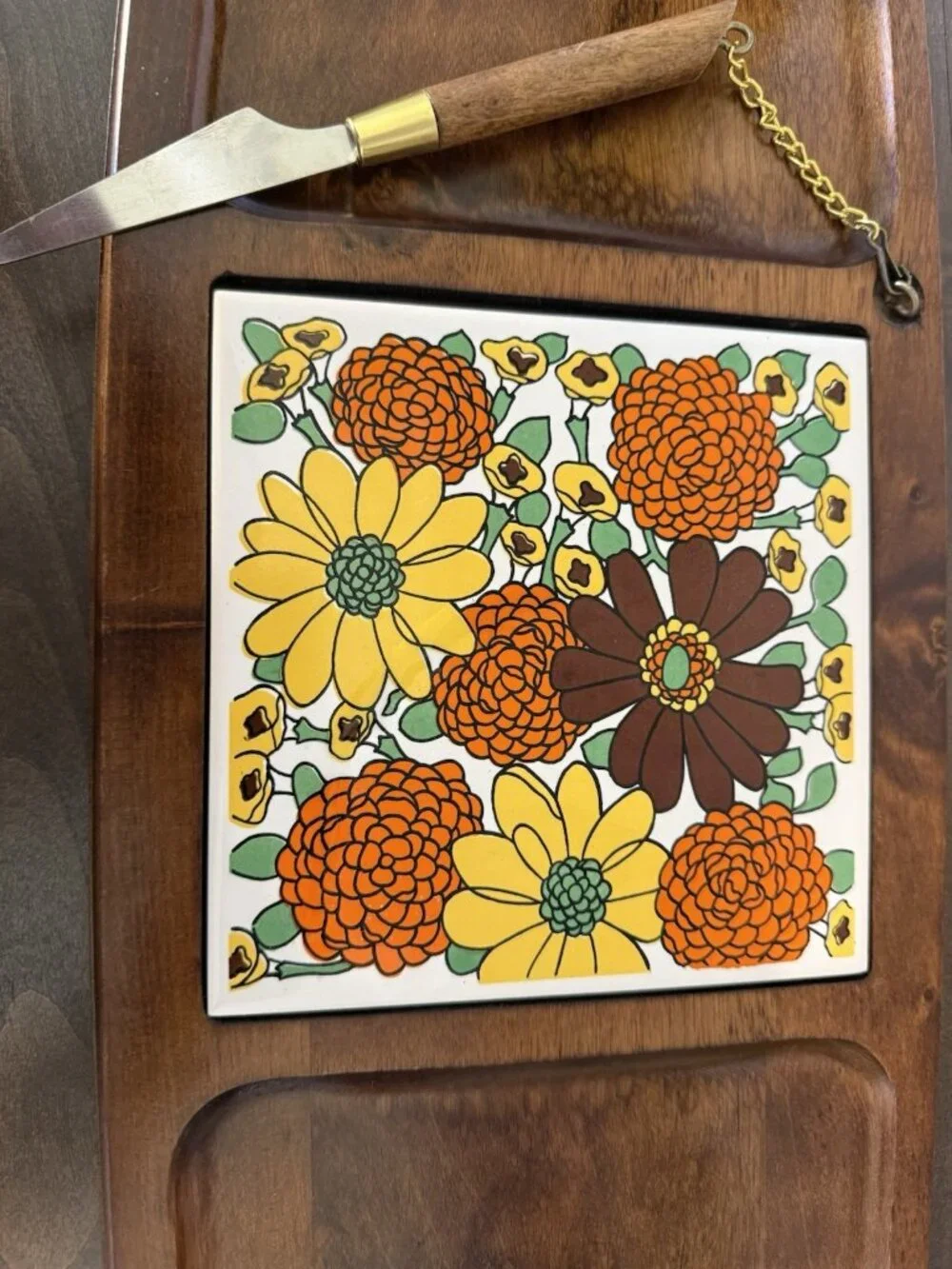 Vintage Gail Craft Wooden Cheese Board  Floral Center Trivet and Knife 1970's
